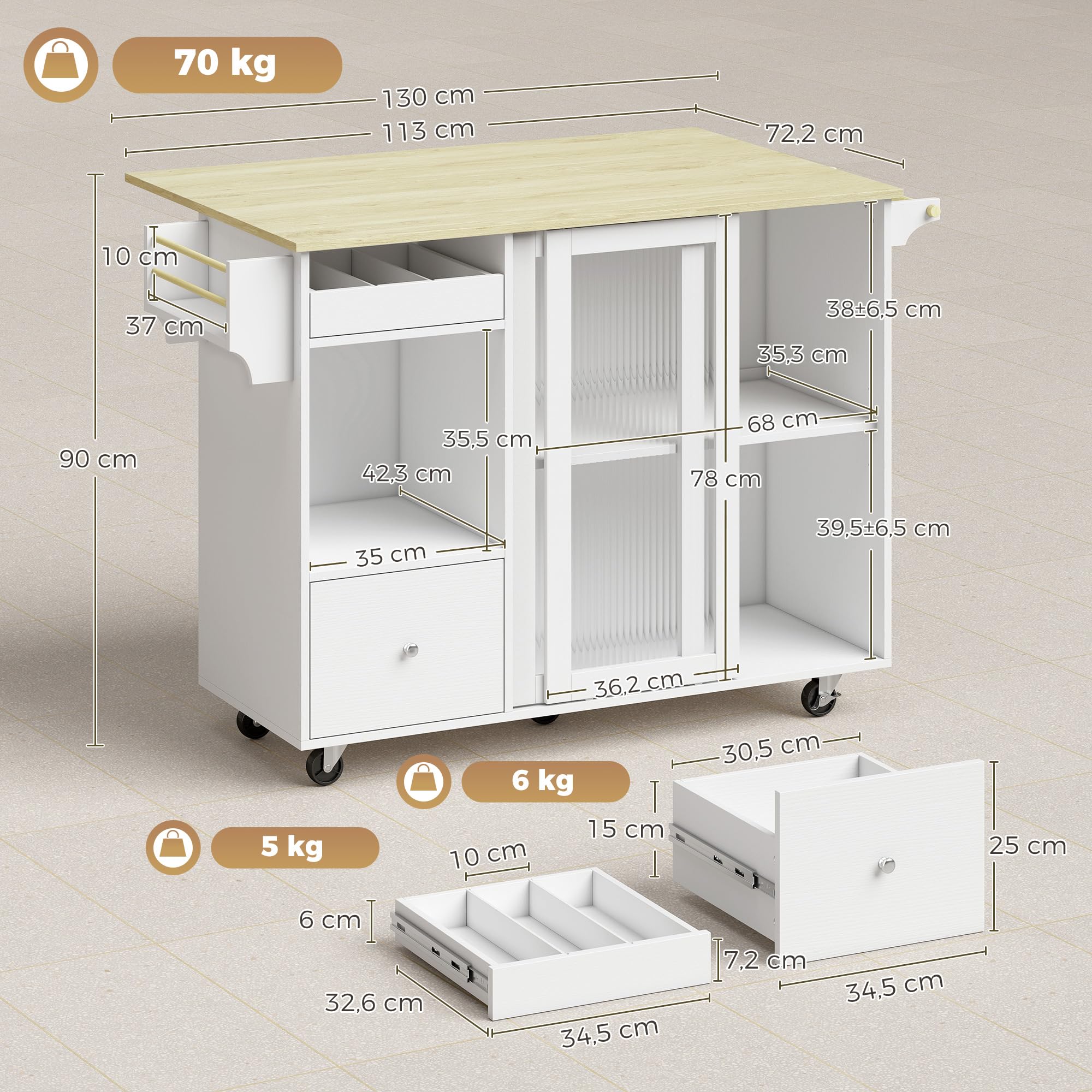 HOMCOM Isla de Cocina con Encimera Abatible, Botellero, Blanco y Roble | Carrito de Cocina, Puertas Correderas de Vidrio, Ruedas, Cajón, Especiero y Estante Ajustable