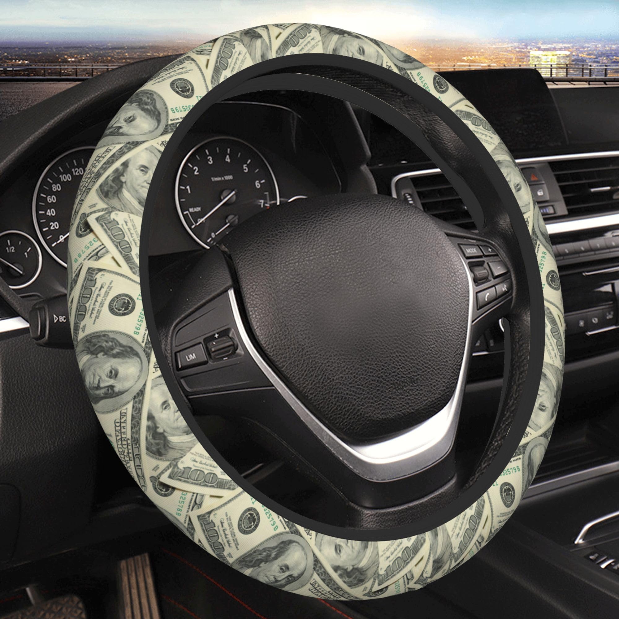 100 Dollar Money Car Steering Wheel Cover Universal 15 Inches Auto Accessories Steering Wheel Protector Anti-Slip Breathable Sweat Absorption Neoprene