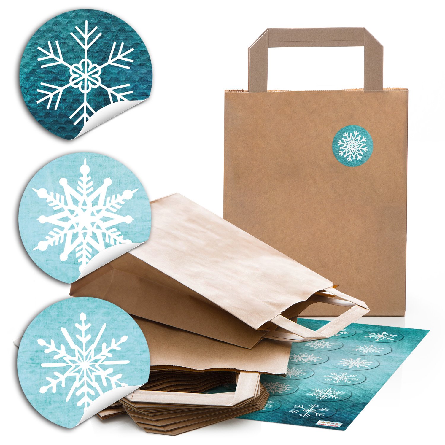 24 Sachets Papier Feuille Marron Fond 18 X 8 X 22 Cm, Petits Sacs Papier 24 Autocollants Ronds Flocon De Neige Noël Bleu Turquoise Blanc Emballage Cadeaux De Noël De Clients