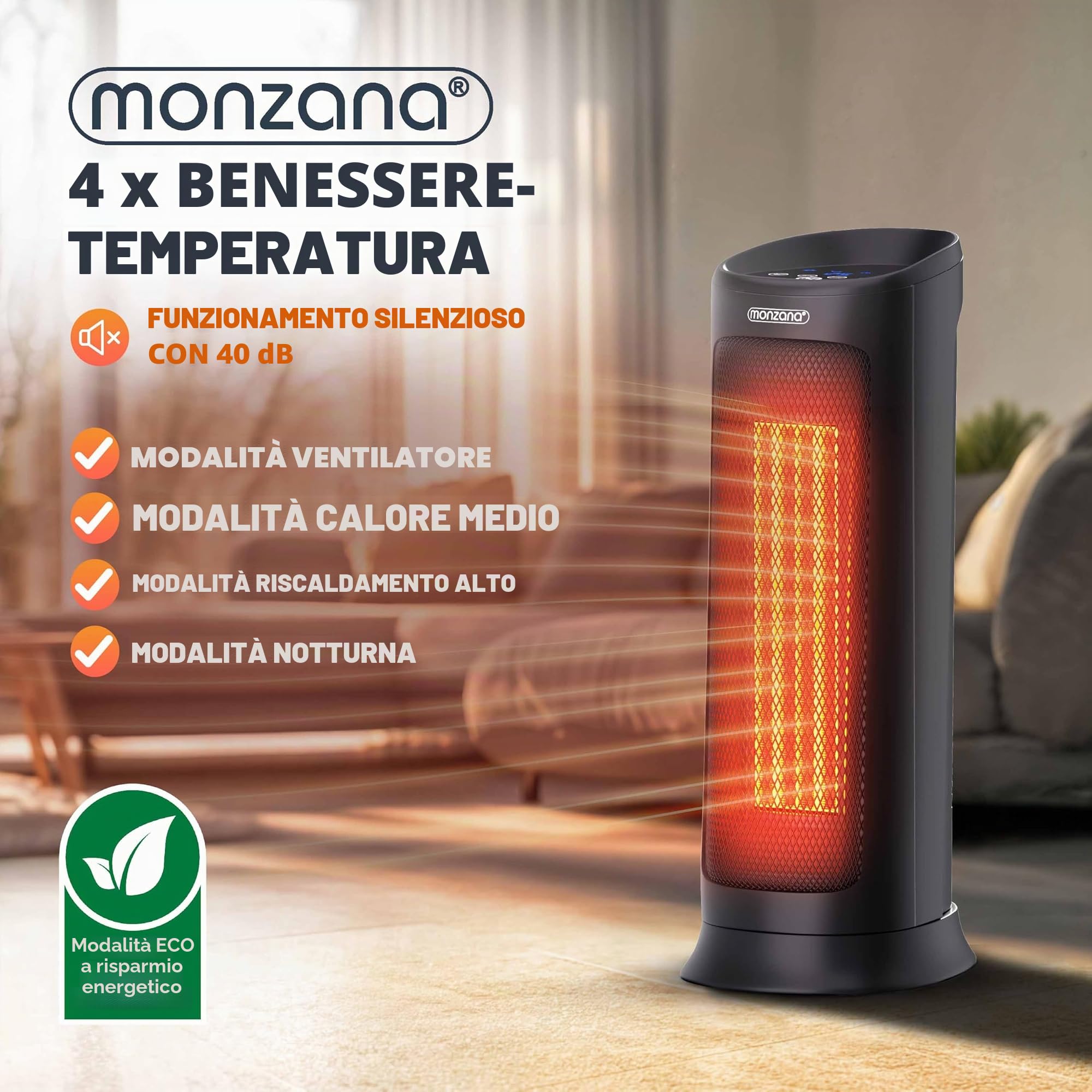 Monzana Stufa 2000W 15-40° Timer Telecomando Oscillazione 120° Timer Termoventilatore Risparmio Energetico Ceramico Nero