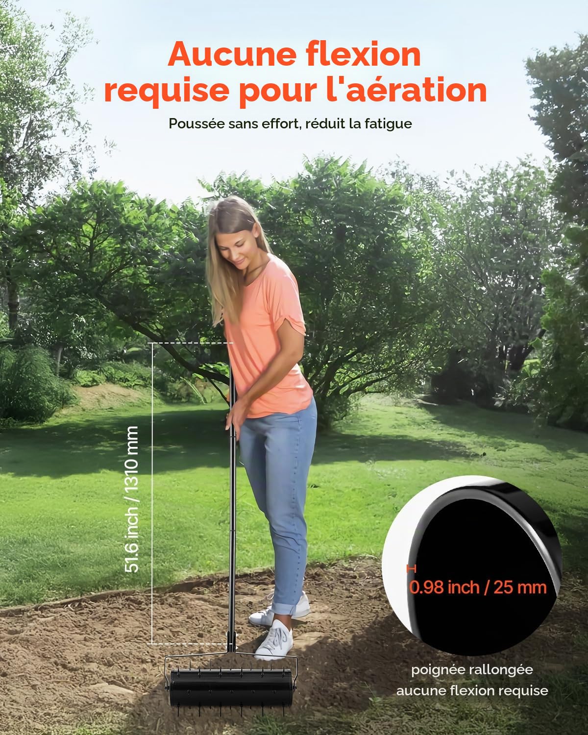 VEVOR Aérateur de Pelouse Roulant, 533,4 mm, Aérateur de Gazon Manuel Robuste avec Poignée Amovible, 33 Pointes en Fer, Outil d'Aération de Terrasse Roulant pour Jardin, Cour, Pelouses Compactés, Noir