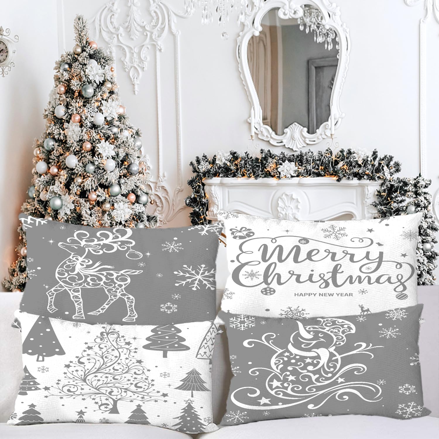 Miaikoe Christmas Cushion Covers 30x50 Set of 4 Christmas Decoration Trees Deer Snowman Merry Christmas Decorative Holiday Farmhouse Pillow Cases for Holiday Christmas Decoration(Grey) - Image 2