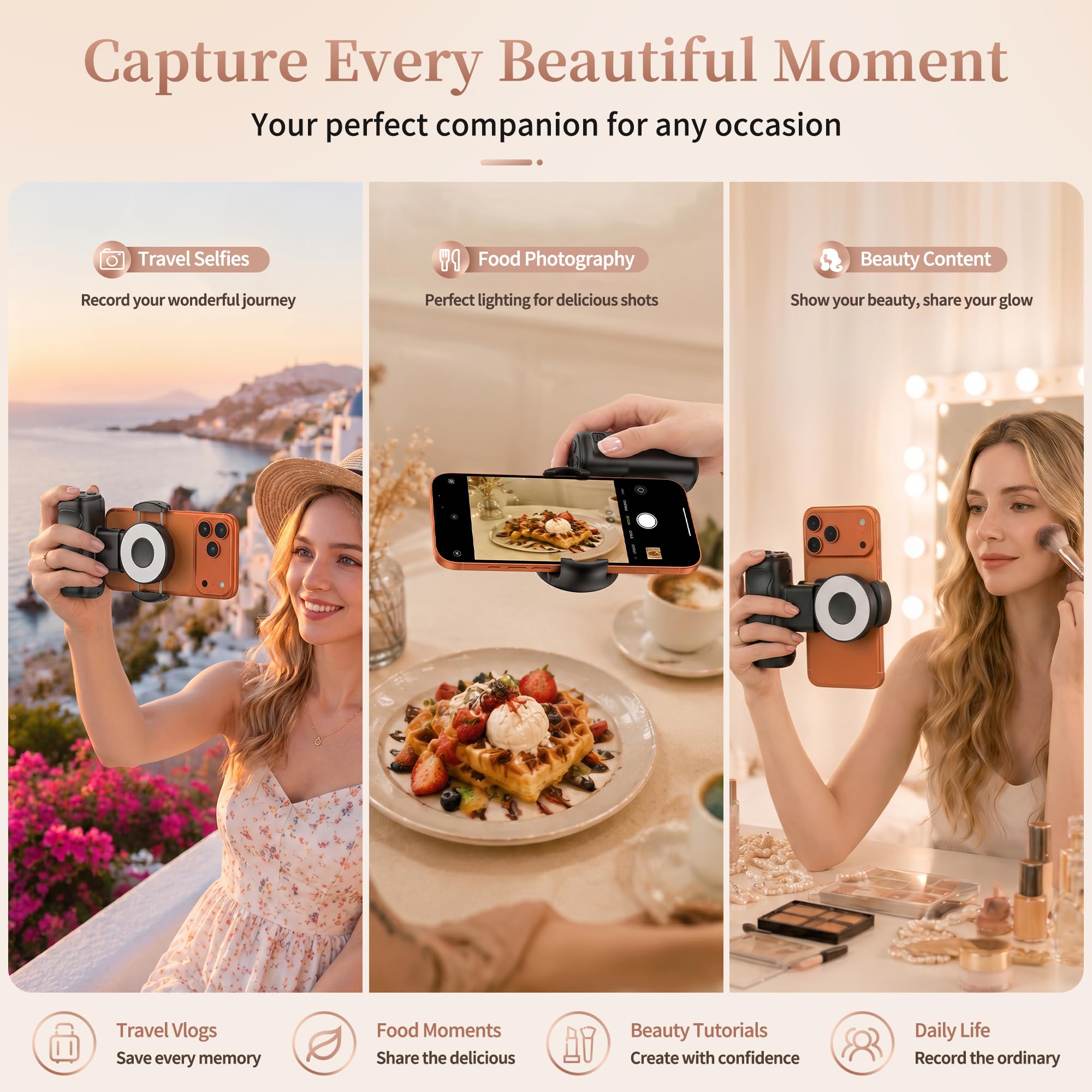 Foluu Agarre de cámara de mano para smartphone con luz de relleno LED, soporte de clip giratorio de 90°, obturador remoto BT, soporte listo para trípode para selfies, vlogging