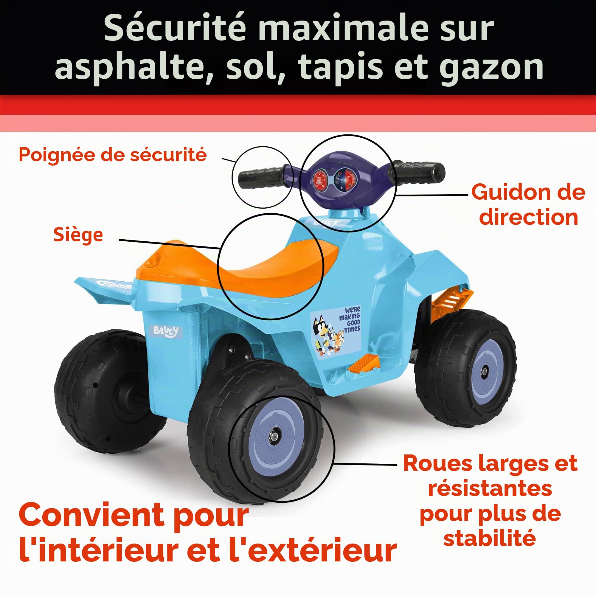 Feber - Quad Racy Bluey 6V, Voiture électrique pour garçons et Filles de 18 Mois à 3 Ans, avec accélérateur, Grandes Roues pour la stabilité, jusqu'à 40 Min d'autonomie, Chargeur Inclus(FEQ06000)