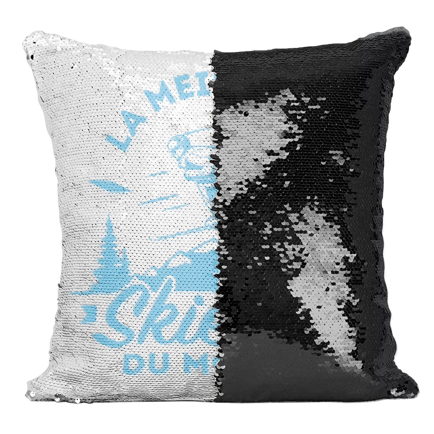 La Meilleure Skieuse du Monde coussin sequin noir pour decorer votre chalet de montagne cet hiver