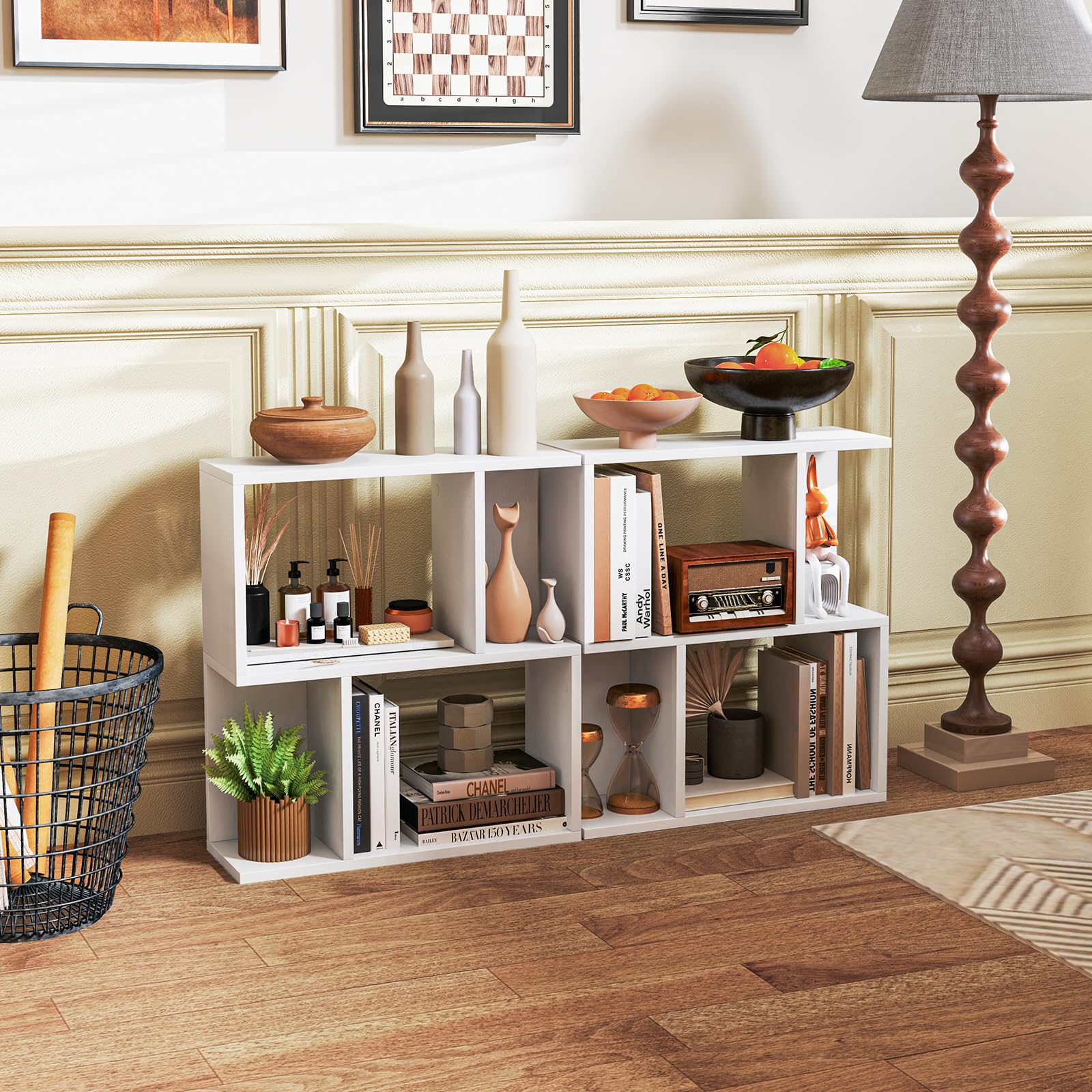LIFEZEAL Tavolino da Divano, Tavolino Laterale da Salotto, a Forma di S, Bianco, Libreria a 3 Ripiani, Scomparti Aperti, Combinazione Libera, Salvaspazio, Moderno, per Soggiorno, 50x17,5x55,5cm