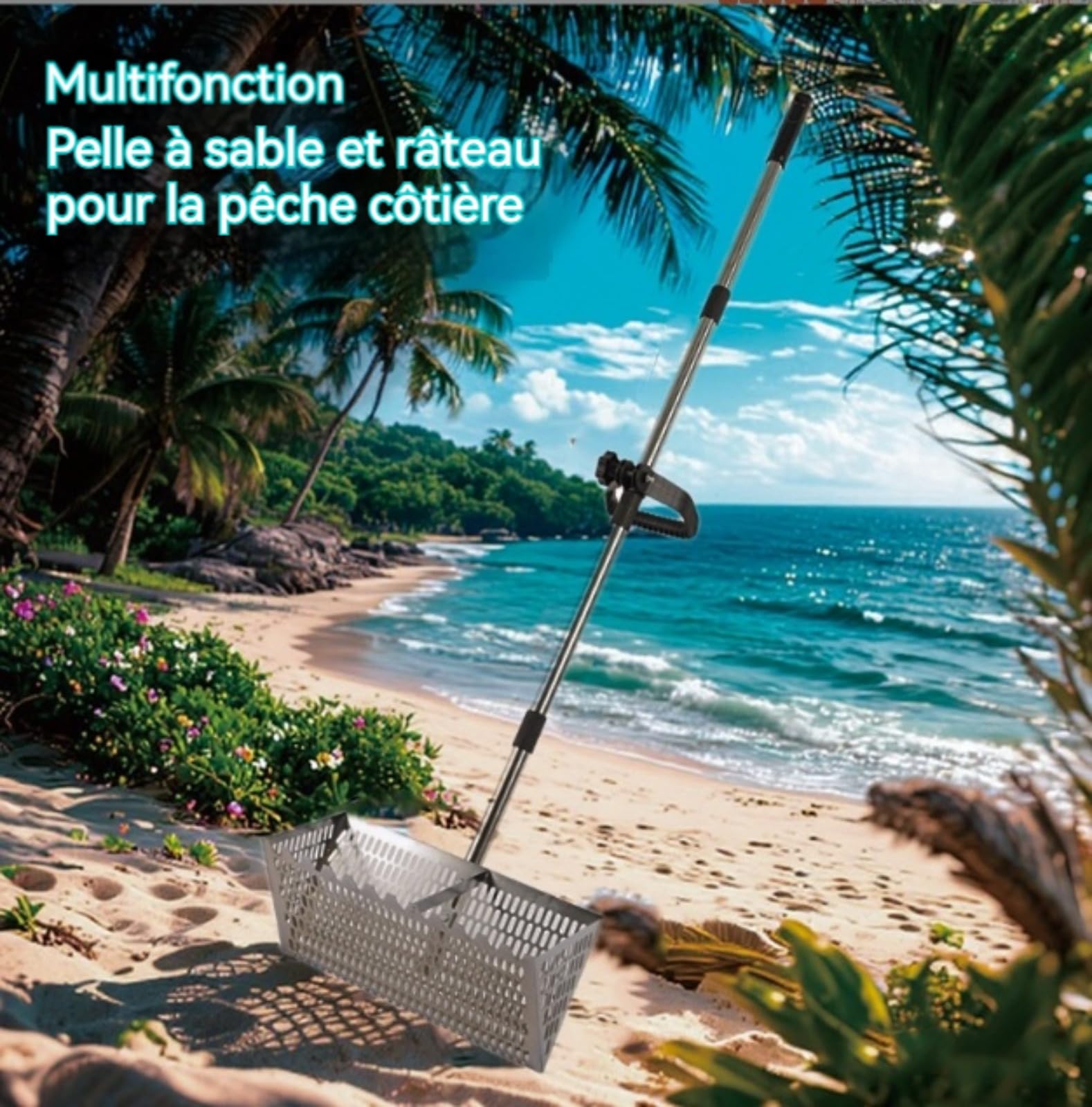 Grand Tamis à Sable de Plage en Acier Inoxydable, Râteau de Puce de Sable, Râteau Tamis de Plage Professionnel Grand tamis à sables acier inoxydable avec poignée 141 cm long et panier 40 x 20 cm