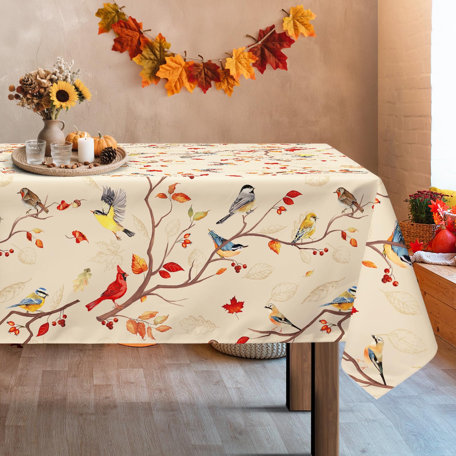 Arquiel Fall Bird Branch Tablecloth Waterproof, Maple Leaf Table Cloth Rectangle Stain Resistant