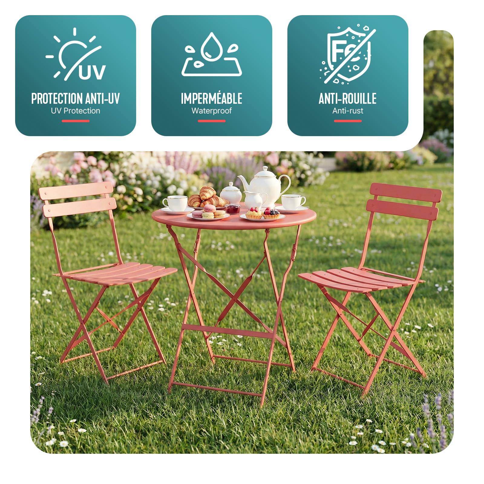 Vounot Ensemble de Bistrot Pliant 3 Pièces Métal Rouge Brique Jardin
