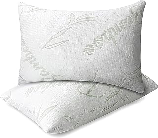 Bamboo Pillow for Sleeping, Shredded Memory Foam Adjustable Pillows Standard Size (2 Pack), Bed Pillow for Side Back Stomach Sleepers with a Washable Breathable Bamboo Cover 20x26