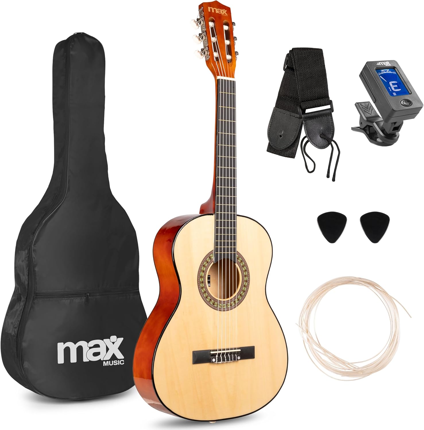 MAX SoloArt - Gitarre 3/4 Kindergitarre ab 6 jahre, Junior Akustik Gitarre inkl. Tasche, Plektrum, Gurt und Saiten-Zubehör, 3/4 Guitar Kinder ab 6 Jahren, Guitar in Natur Holz