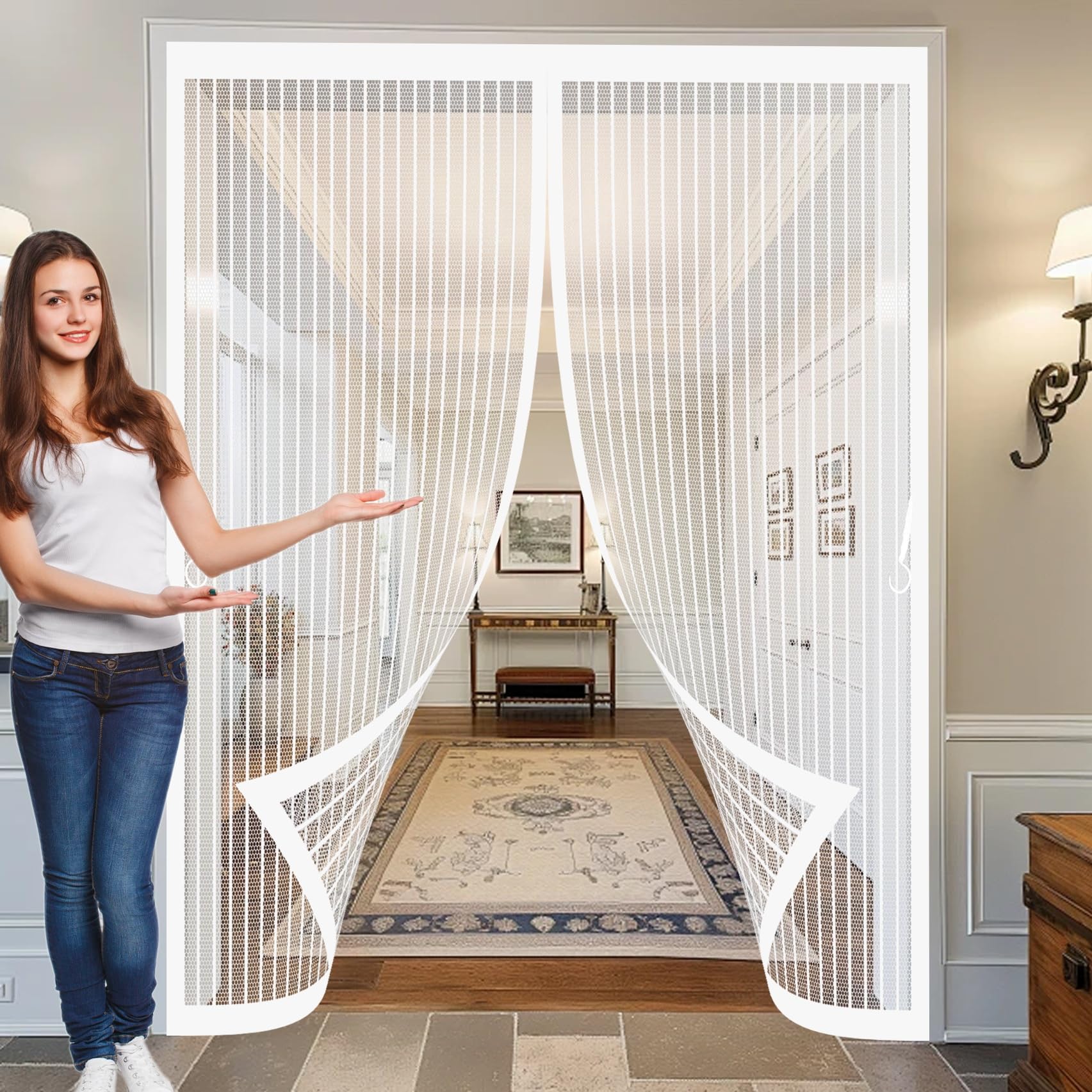 Magnetic Screen Door 195 x 225 cm Powerful Magnets, No Drill Installation, Automatically Closes, for Keeping Out Flies & Bug Patio Door Nets Insect Mesh for Patio Doors Balcony, White