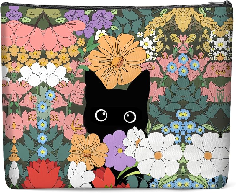 Necessaire de maquiagem Luoycxy em lona com forro, zíper e estampa Cats and Flowers