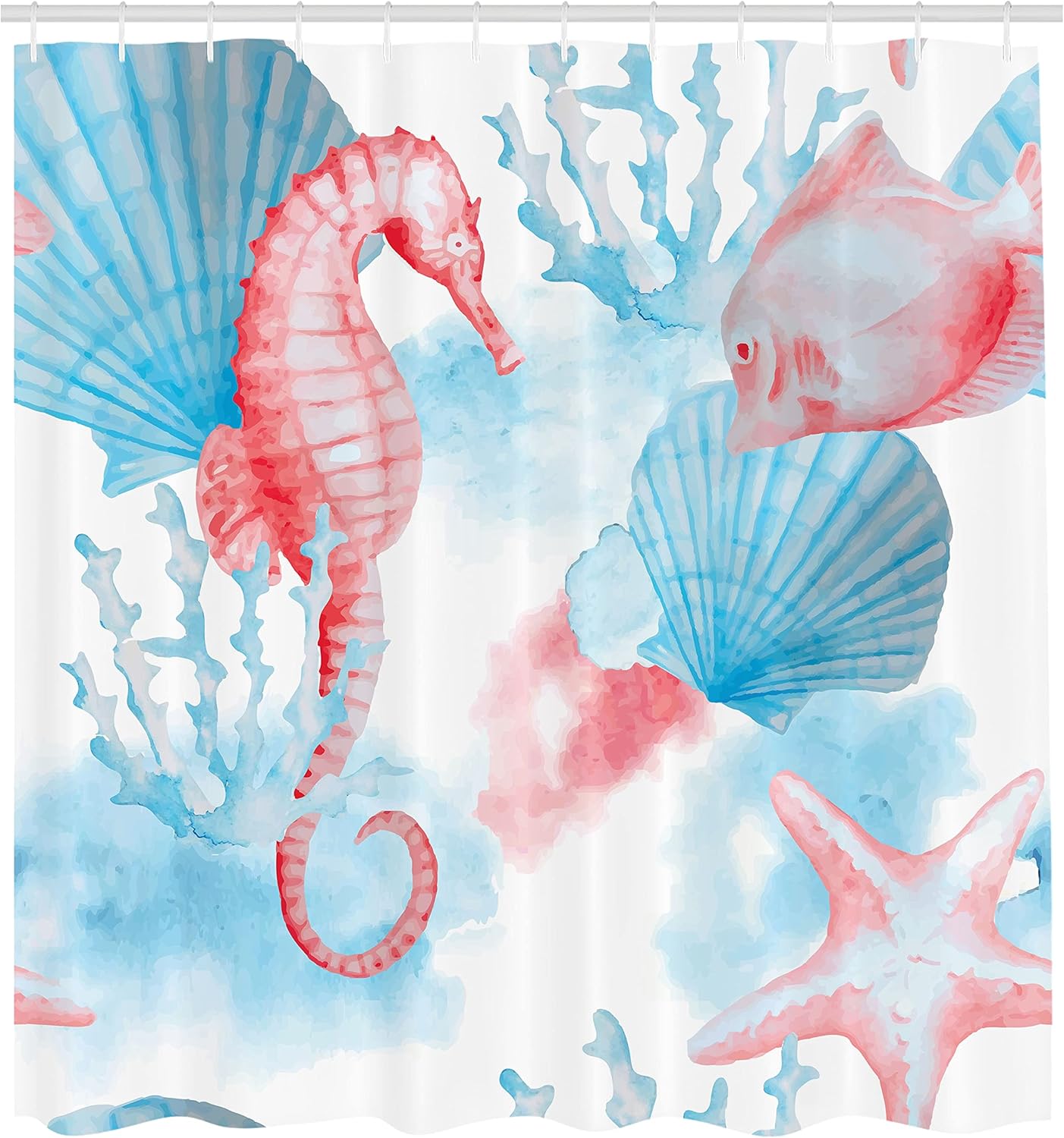 Ambesonne Nautical Shower Curtain, Shells Sea Horse Corals Fish Sandy Beach Exotic Watercolor Effect, Cloth Fabric Bathroom Decor Set with Hooks, 69" W x 75" L, White Coral