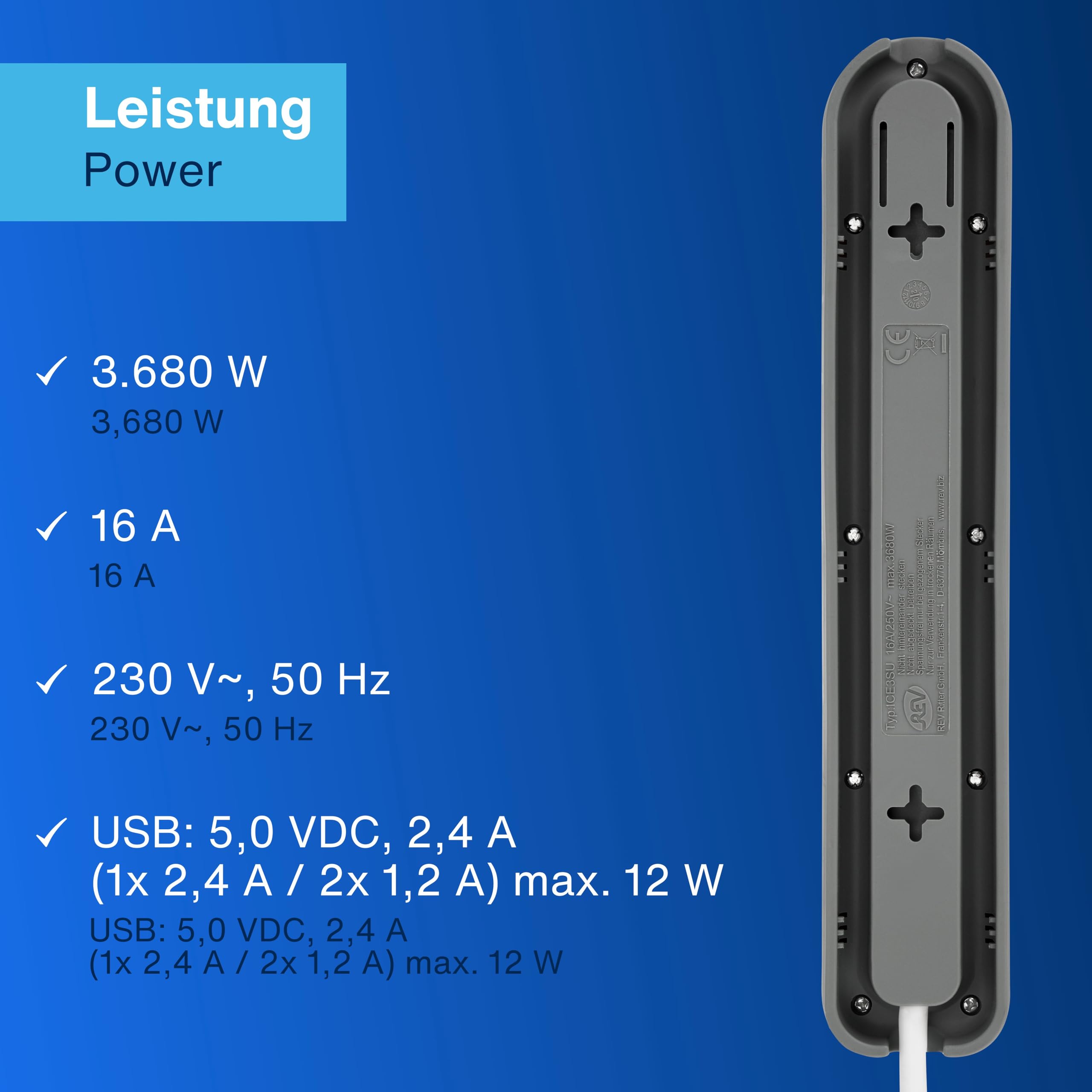 REV ICE listwa zasilająca z USB, 3 gniazda, gniazdo USB, 2 x USB, ładowarka, 1,4 m, maks. 3680 W, biała
