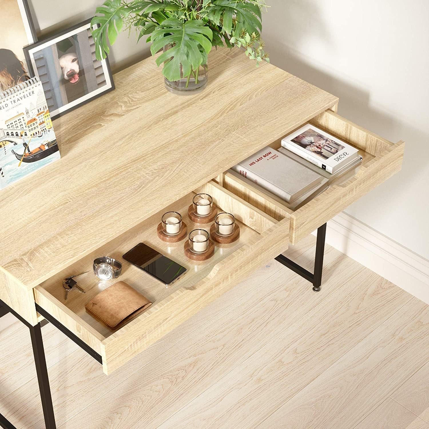 Bestier Small Rectangular Office Writing Computer Workstation Vanity Makeup Desk Minimal Elegant Simple Style with 2 Large Drawers, 43.31 Inches, Oak