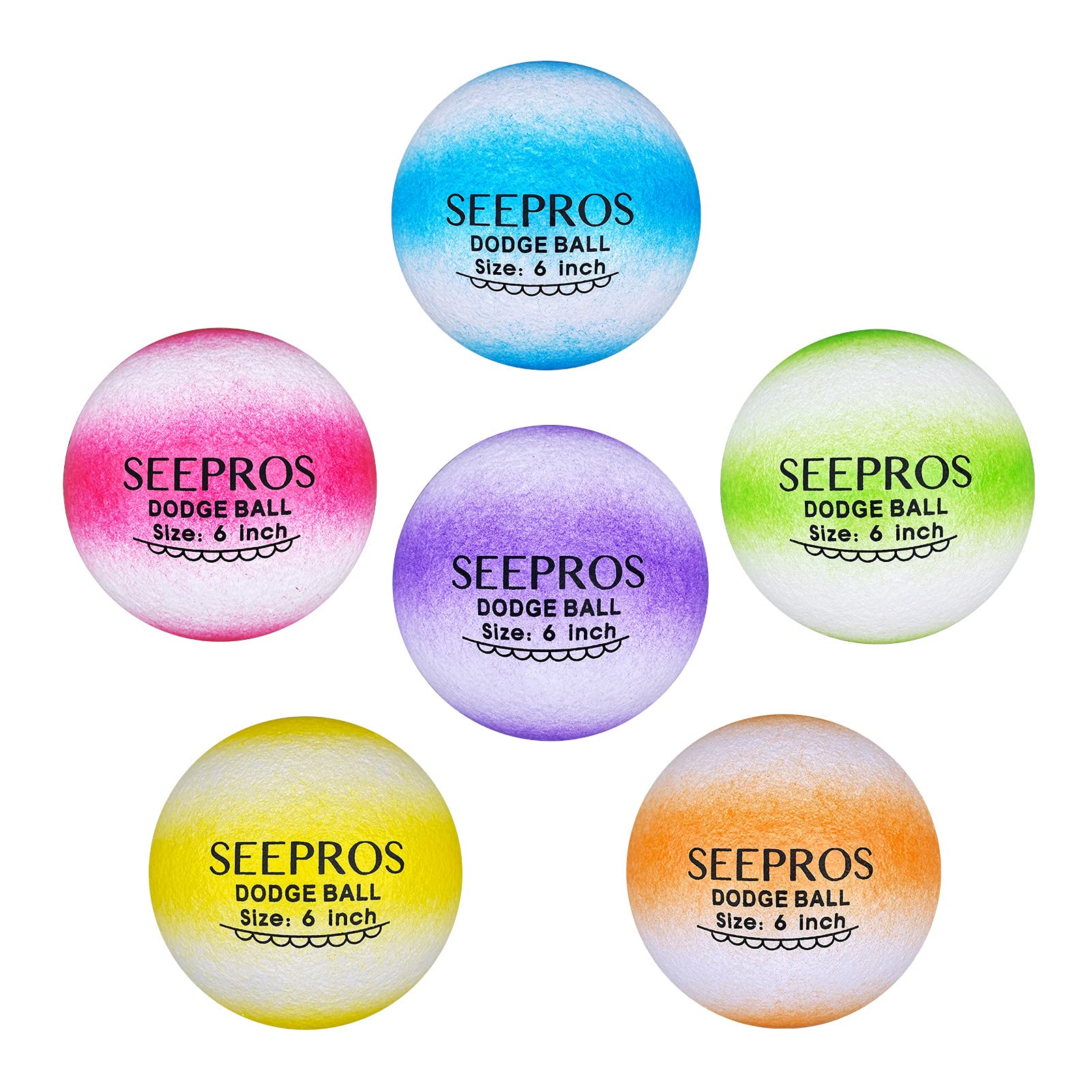 SEEPROS Foam Dodgeball Set - Soft Skin, Low Bounce, Dream Rainbow Color, Perfect for Outdoor, Backyard Games - Set of 6 with Mesh Storage Bag for Kids and Adults Playground Balls
