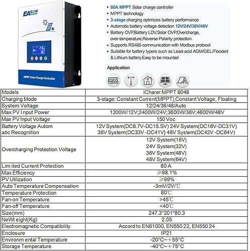 Miniatura 5 de POWLAND Controlador de carga solar MPPT de 80 A, 12 V24 V36 V48 V, entrada máxima 150 V regulador de pantalla LCD controlador de carga inteligente
