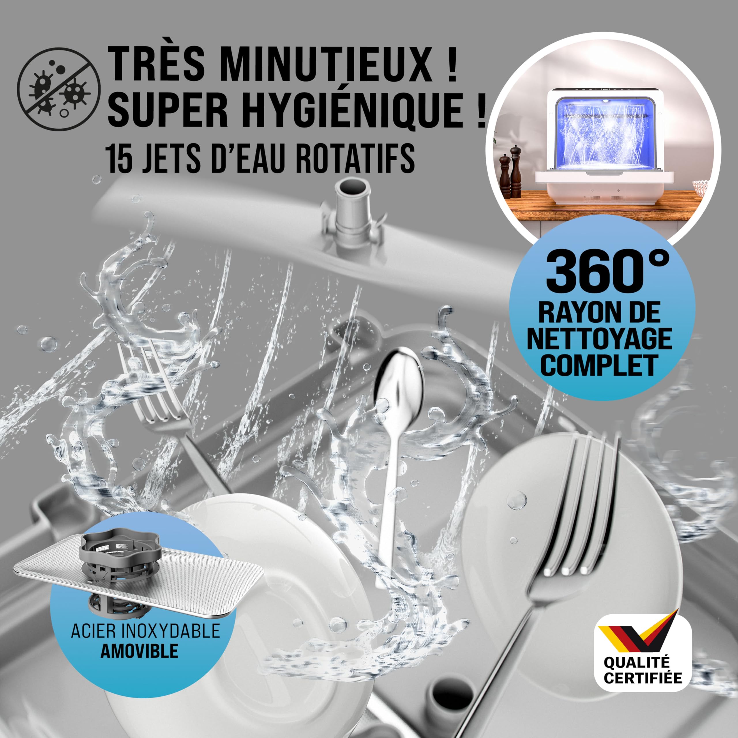 MONZANA® Mini lave-vaisselle Noir-blanc Réservoir d'eau 4,5L lave vaisselle de table 3 couverts App WIFI étudiants couples