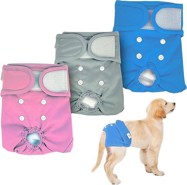 PetCellence Dog Nappies Female Extra Small - Pack of 3 Washable Absorbent Diapers with 3 Sewn Microfibre Layers for Pet, Puppy - Adjustable Bands & Buttons - Quick Drying Dog Season Pants
