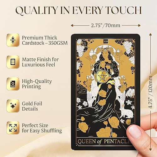 Vista 3 de Wyspell Cartas de tarot doradas con libro guía – Baraja de tarot única de 78 cartas para principiantes – Bordes dorados y diseño de lámina dorada