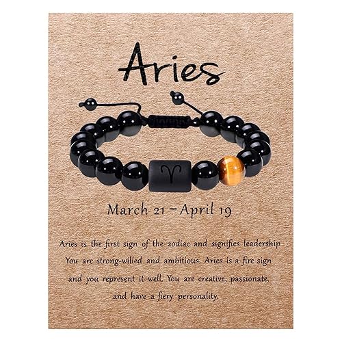 Zodiac Bracelet for Men Women 10mm Natural Black Onyx Stone Star Sign Constellation Horoscope Bracelet Gifts (Aries)