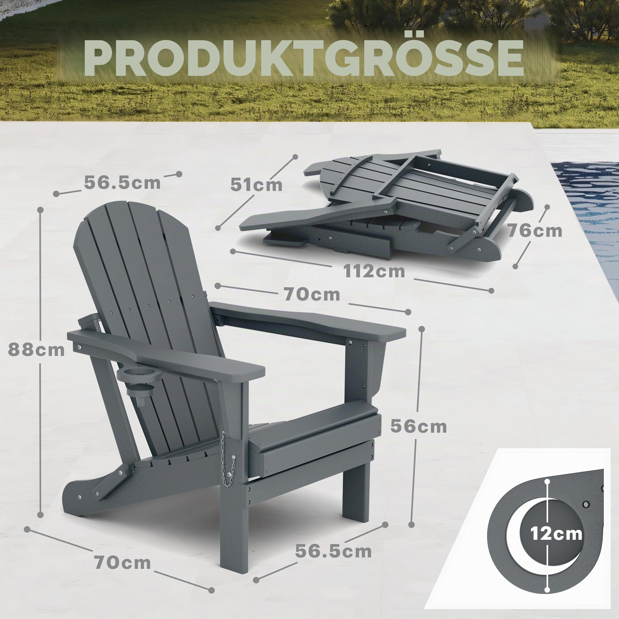 M MIDOULANDEXTYT Adirondack Stuhl,HDPE-Wetterfester Klapp-Adirondack-Stuhl mit Becherhalter für Garten,Terrasse,Hinterhof,Patio(Grau)