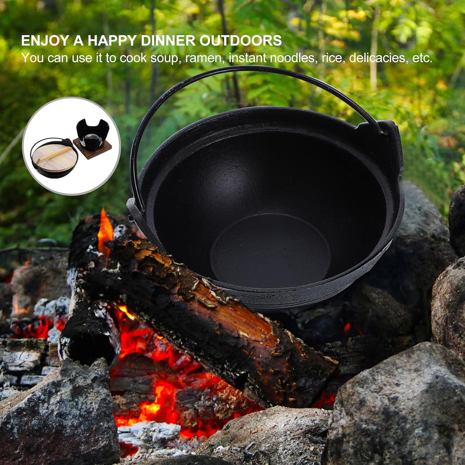 Cast Iron Sukiyaki Hot Pot with 17.5Cm Ribbed Pan and Triangular Stove Base, Multifunctional Outdoor Camping Cookware for Hiking Picnic and Outdoor Cooking