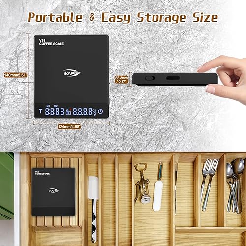 Miniatura 6 de IKAPE Báscula digital de café con temporizador, 4.4 lbs0.00 oz de alta precisión recargable de goteo espresso con función de tara, pantalla LED