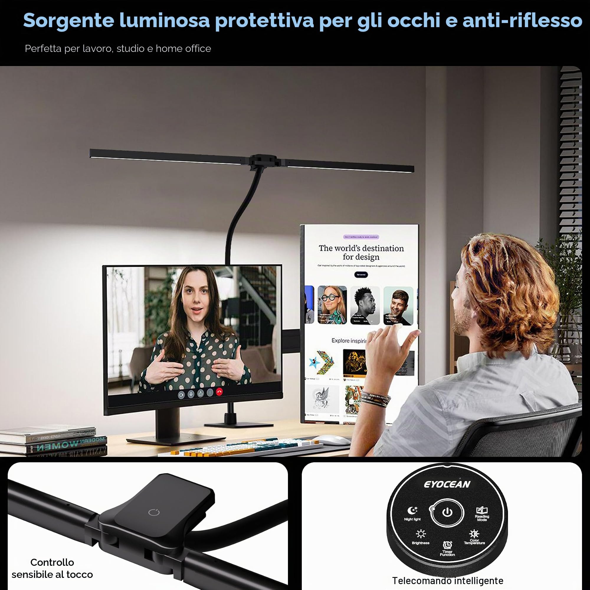 EYOCEAN Lampada da Scrivania, Lampada da Scrivania a Doppia Testa 24W 80cm con Telecomando, Temperatura di colore regolabile, senza abbagliamento, Lampada da Monitor Dimmerabile, PC Lampada per