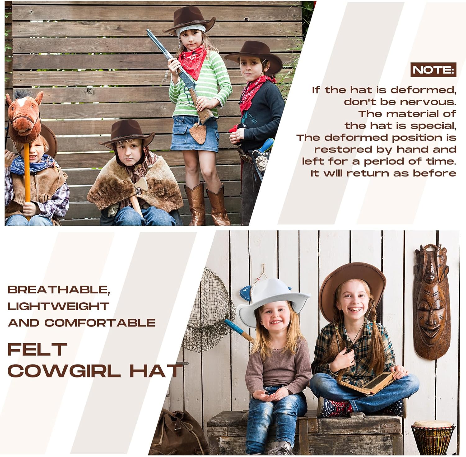 Chuarry 4 Pcs Women Men Felt Western Cowboy Hats Wide Brim Cowgirl Hats Panama Hat for Adults Costume Outdoor (Coffee, Khaki, Beige, White), Medium - Image 5