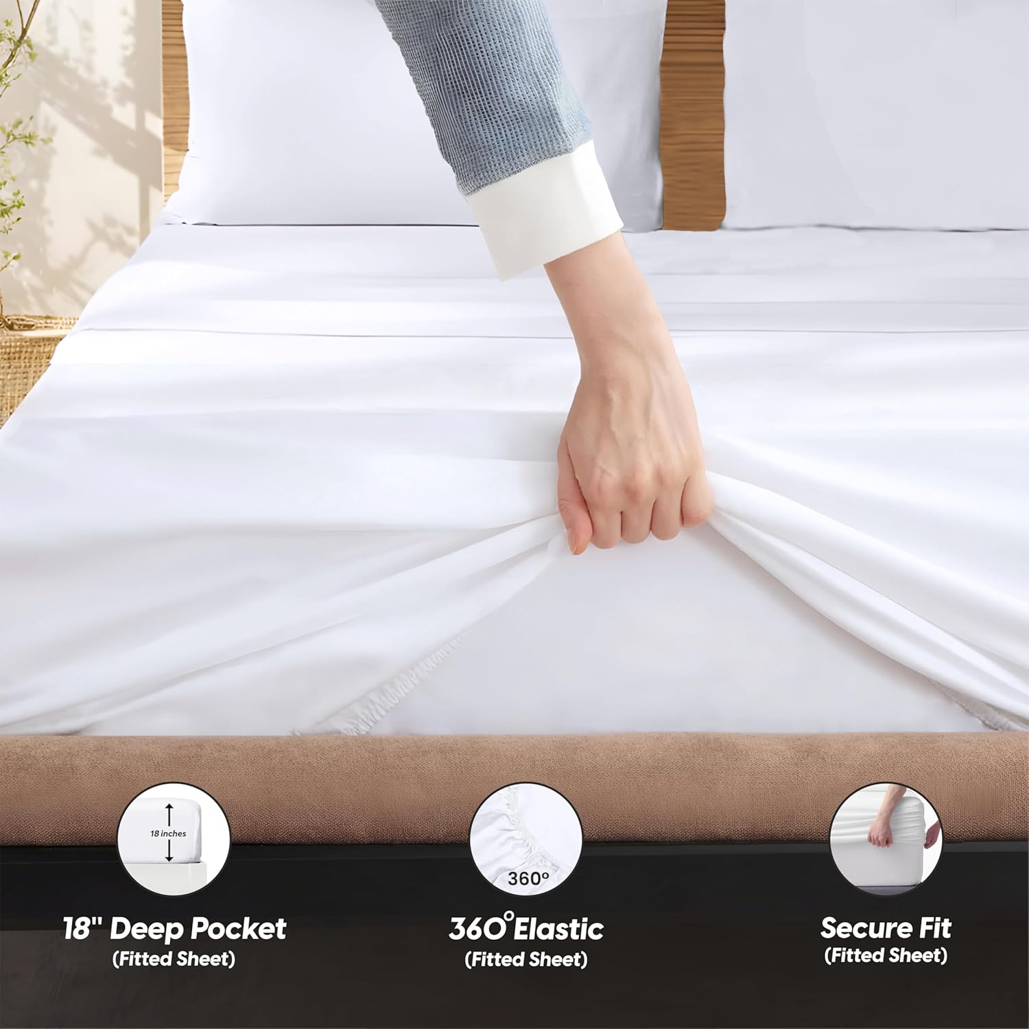 SGI 1200 Thread Count Supima Cotton Queen Sheet Set – Ultra Soft, Cooling & Deep Pocket 18” Fitted, Breathable & Durable 4-Piece Bedding Set for Luxury Hotel Quality Comfort -White