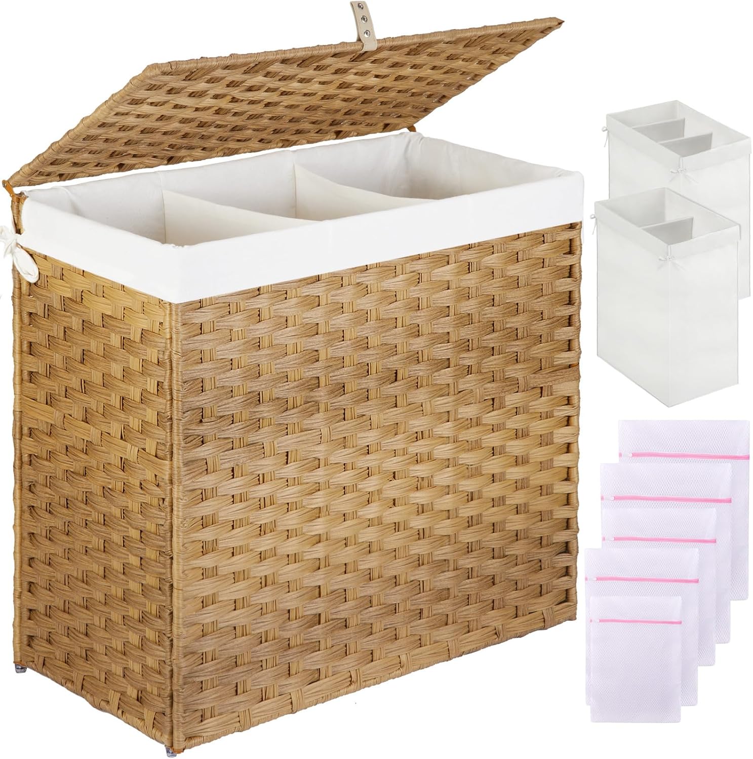 Greenstell Laundry Hamper with Lid, 125L Large Clothes Hamper with 3 or 2 Sections Removable Liner Bags & 5 Mesh Laundry Bags, Handwoven Synthetic Rattan Divided Laundry Basket, Natural