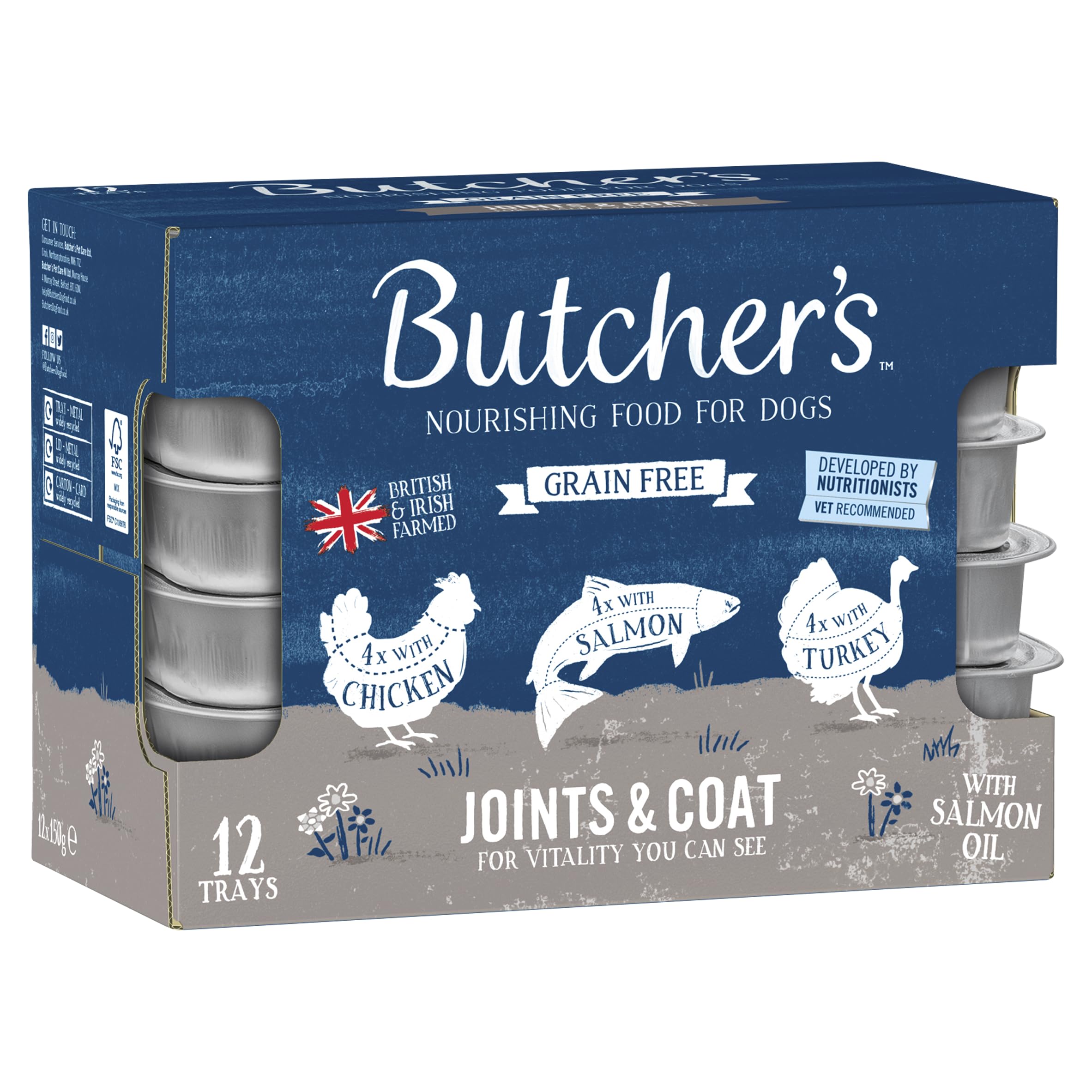 Butcher's Complete Wet Tray Grain Free Hypoallergenic Adult Dog Food Joint & Coat Pack 12x150g - Chicken, Salmon & Turkey