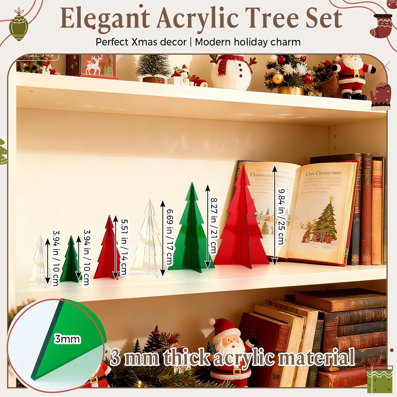 DoubleFill 6 Pcs Acrylic Christmas Tree Centerpieces, 4" to 10" 3D Mini Xmas Tree Tabletop Decoration Christmas Decorations for Office Home Modern Party Winter Decor(Red, Green, Clear)