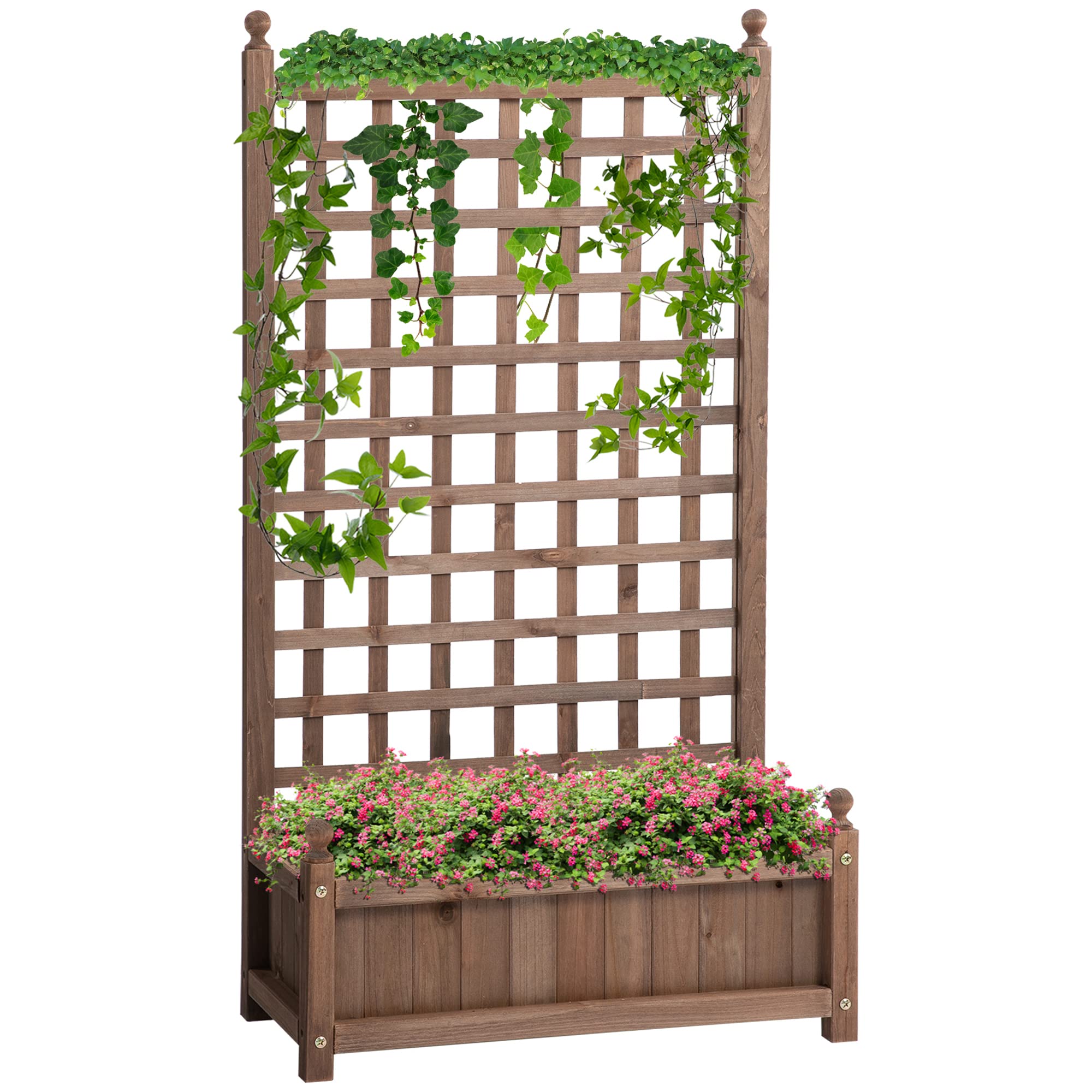 Outsunny Fioriera da Esterno in Legno, Portapiante con Grigliato per Piante Rampicanti e Aiuola Rialzata, 64x28x120cm, Marrone