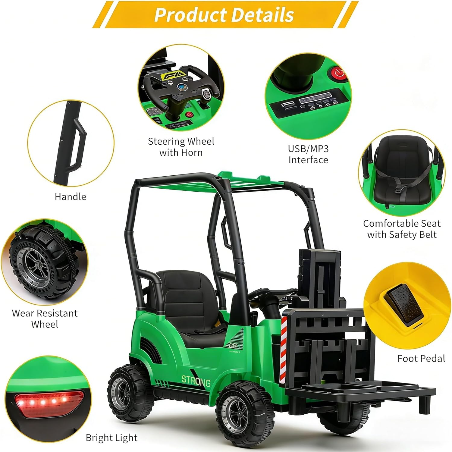 Garvee 12V Children's Electric Car on Forklift with Tent, Construction Toy with Adjustable Fork and Pallet, Ideal for Indoor and Outdoor Use, Green