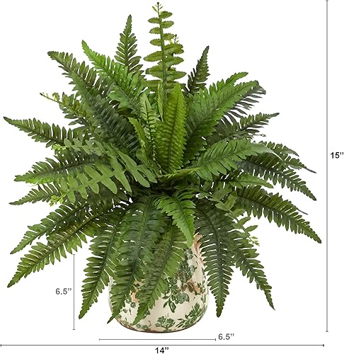 Miniatura 2 de Nearly Natural Planta artificial de helecho Boston de 15 pulgadas con maceta de cerámica toscana verde
