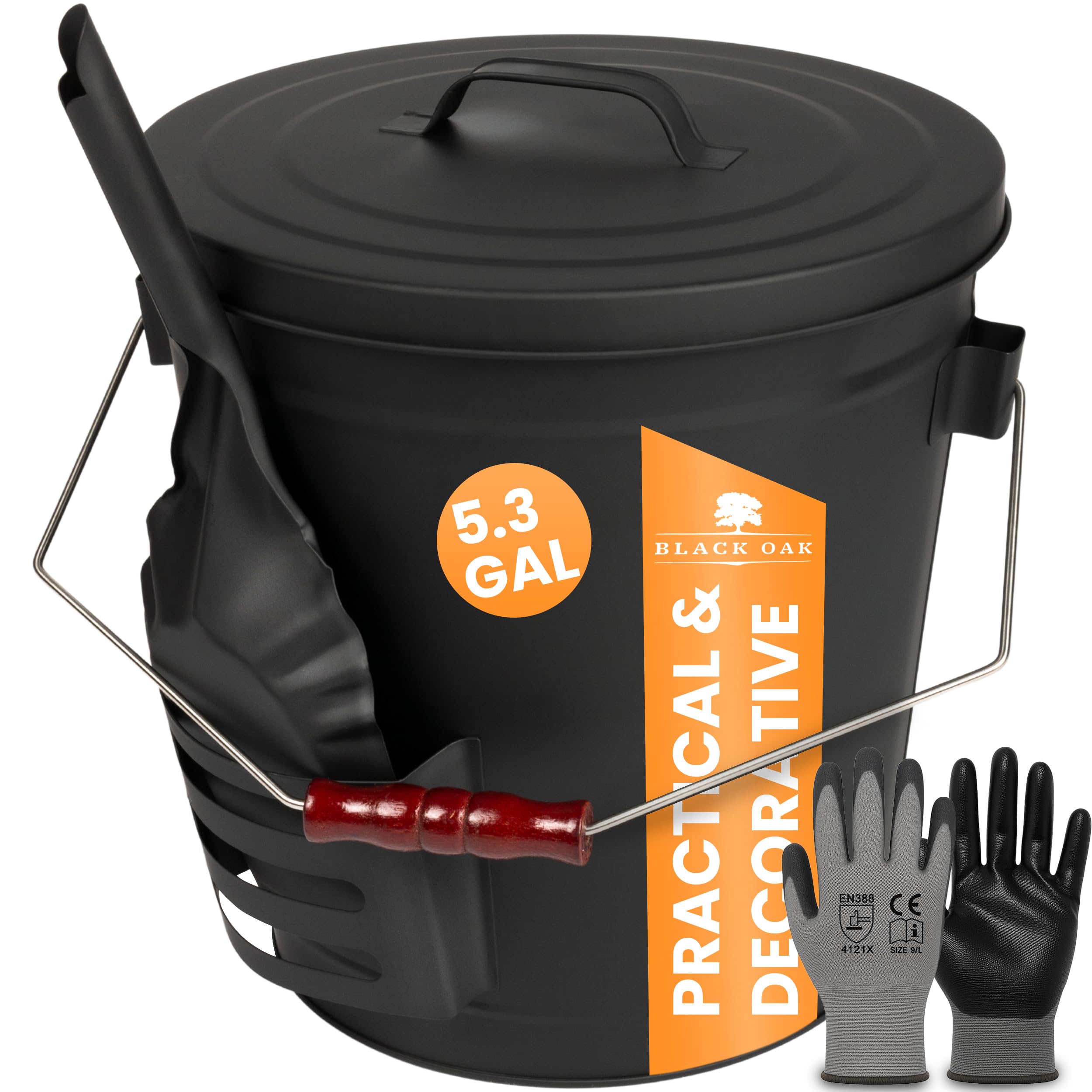 BLACK OAK Secchio per cenere Stromboli 5.3 GAL - Nero con coperchio, pala e guanti - Manico argento - Grande 20L, Acciaio zincato ignifugo e verniciato a polvere, cenere e carbone, camino, stufa in