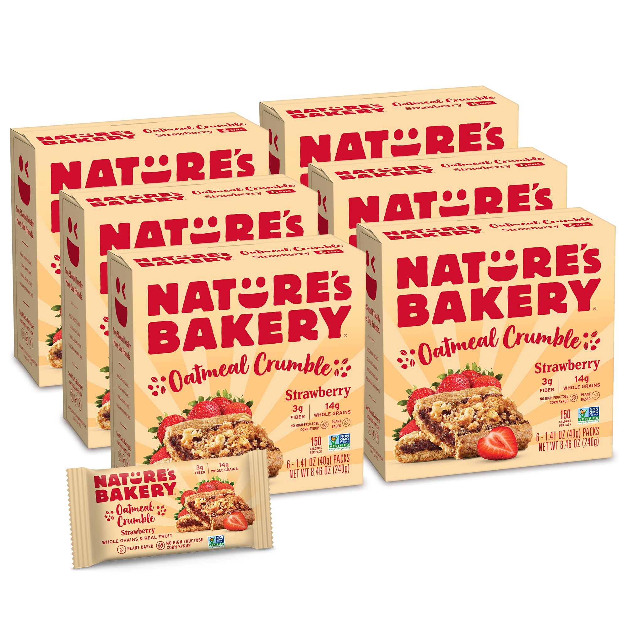 Natureâ€™s Bakery Oatmeal Crumble Bars, Strawberry, Real Fruit, Vegan, Non-GMO, Breakfast bar, 6 Boxes With 6 Packs, 36 Count