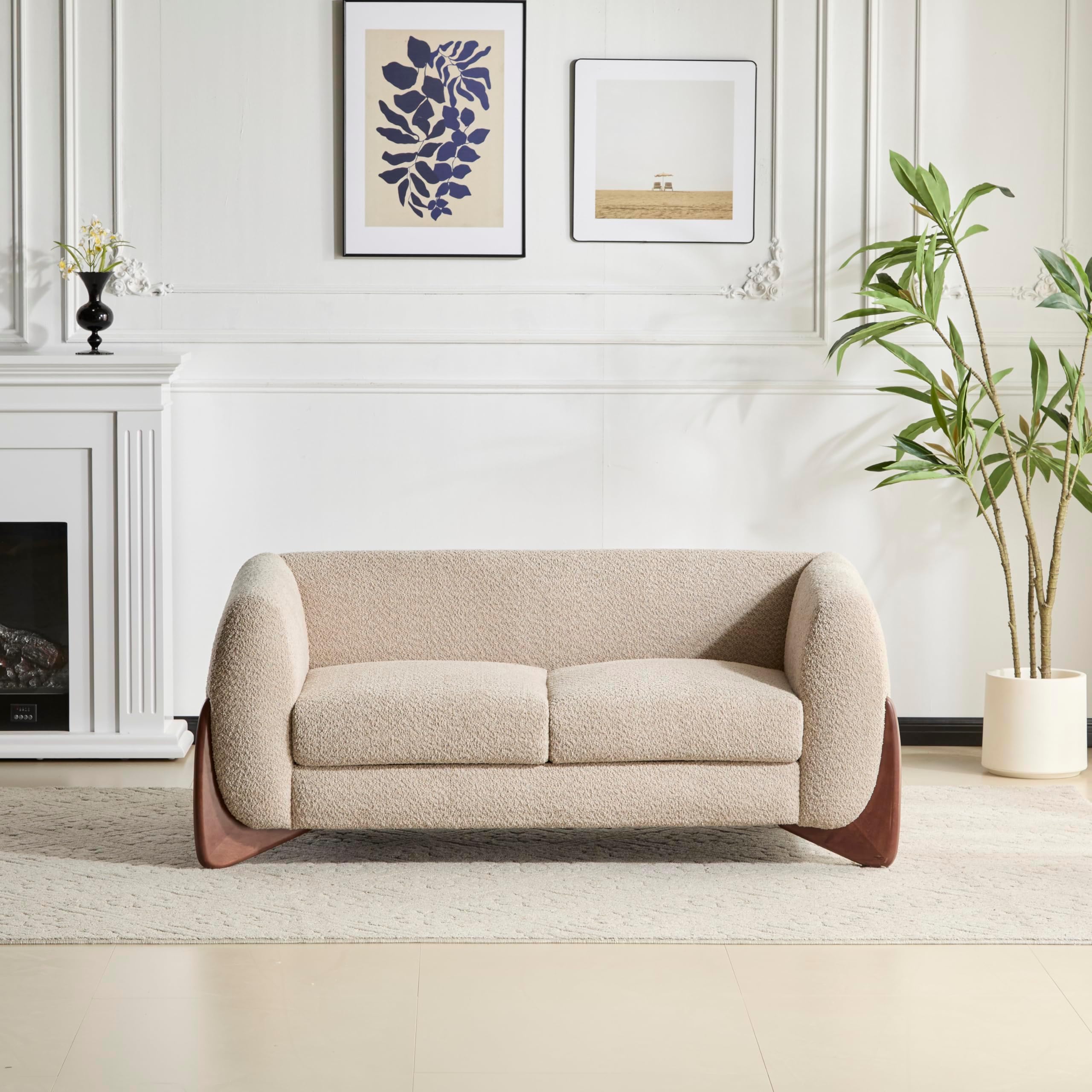 63 Inch Modern Boucle Upholstered 2-Seater Sofa, Chenille Fabric Loveseat with Solid Wood Legs, Low Profile Small Couch for Living Room, Almond