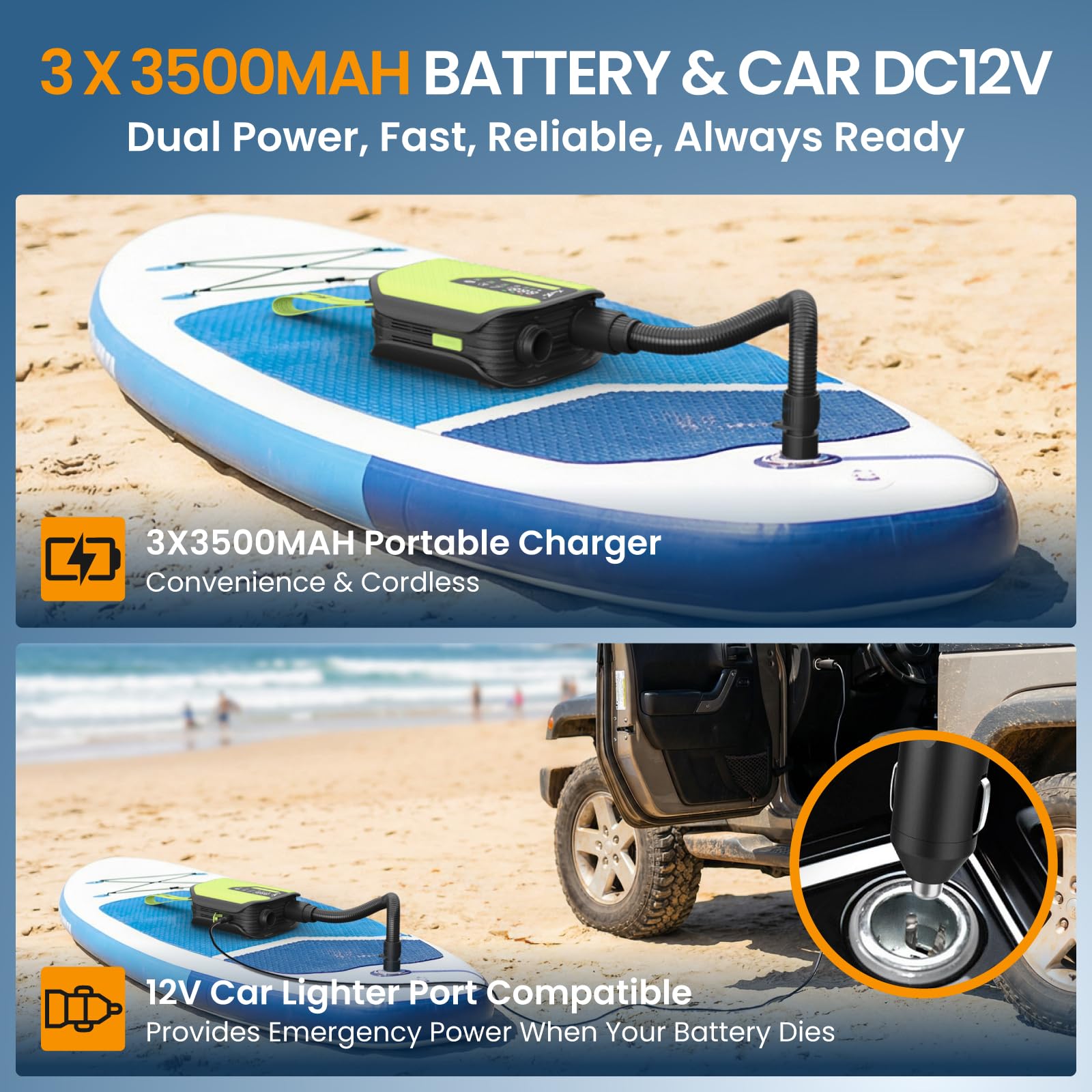TowerTop Elektrische Paddelboard-Pumpe, 10.500 mAh, 50 PSI wiederaufladbare Sup/Auto-Pumpe, zweistufig (Aufblasen und Luftablassen) mit Kühlventilator, 8 Düsen, HD-LCD-Display – für Paddelbretter