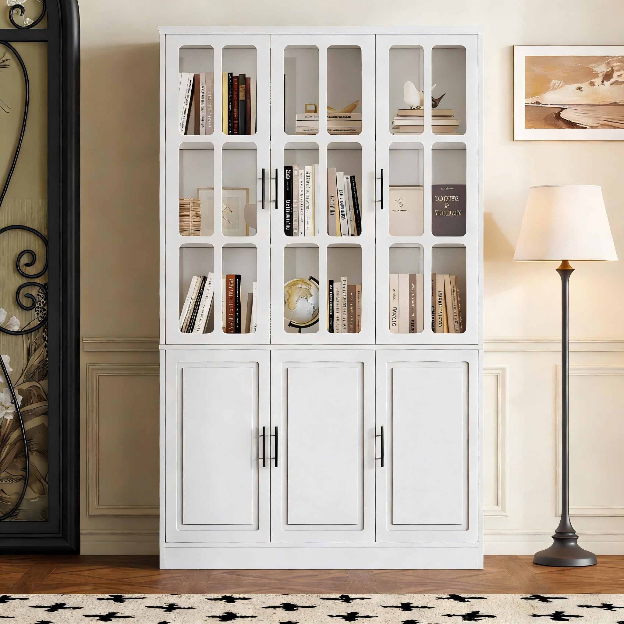 Vitrina de 121,5 x 41 x 200 cm, armario alto con 6 puertas, vitrina de cristal con LED, armario multifunción con divisor ajustable, armario grande