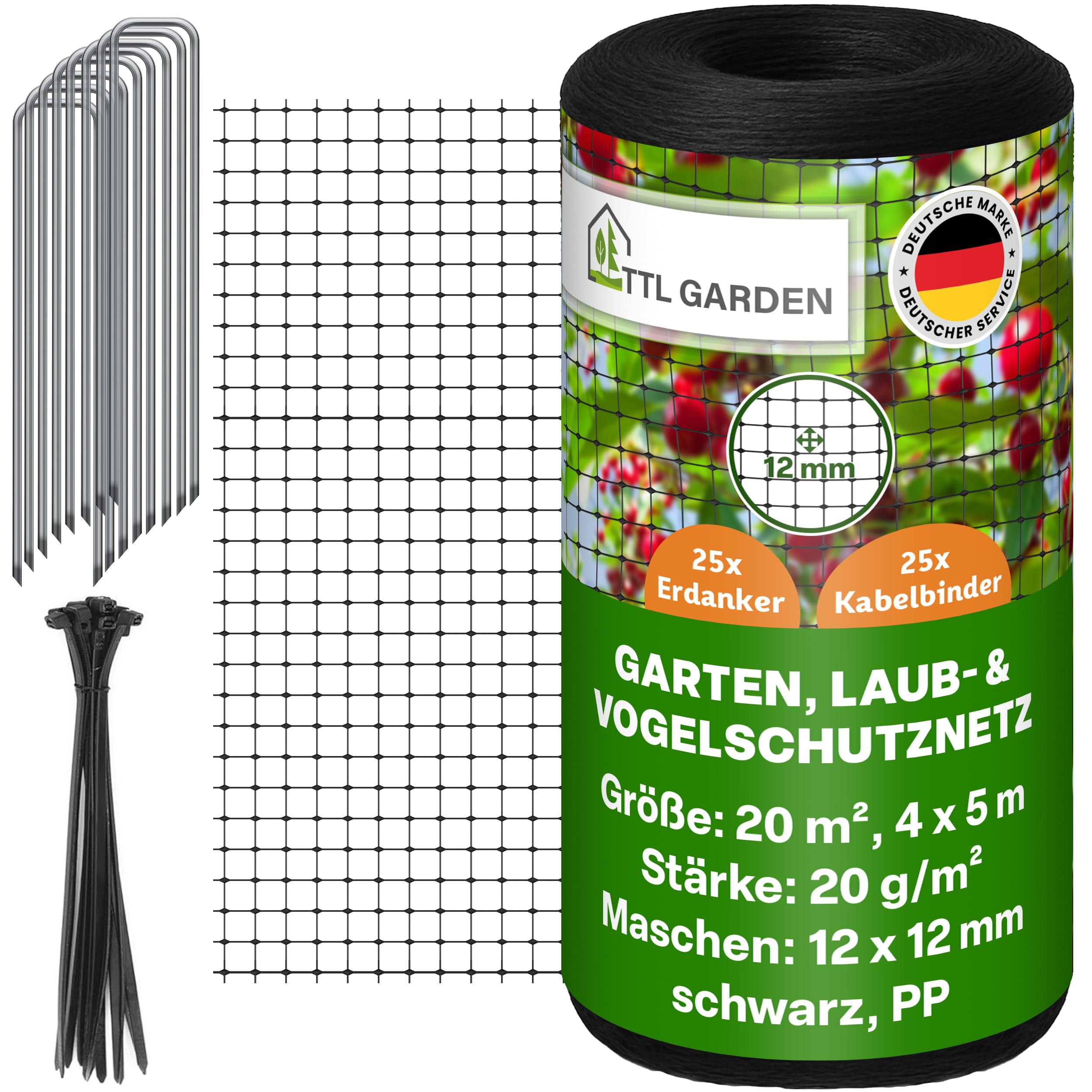 TTL GARDEN 4x5m Vogelschutznetz Laubnetz 20g/m² schwarz - 12x12mm Masche engmaschig 20m² 1 Faden System extra stabil - Obstbaumnetz Schutznetz Gartennetz reißfest robust 25 Erdanker + 25 Kabelbinder