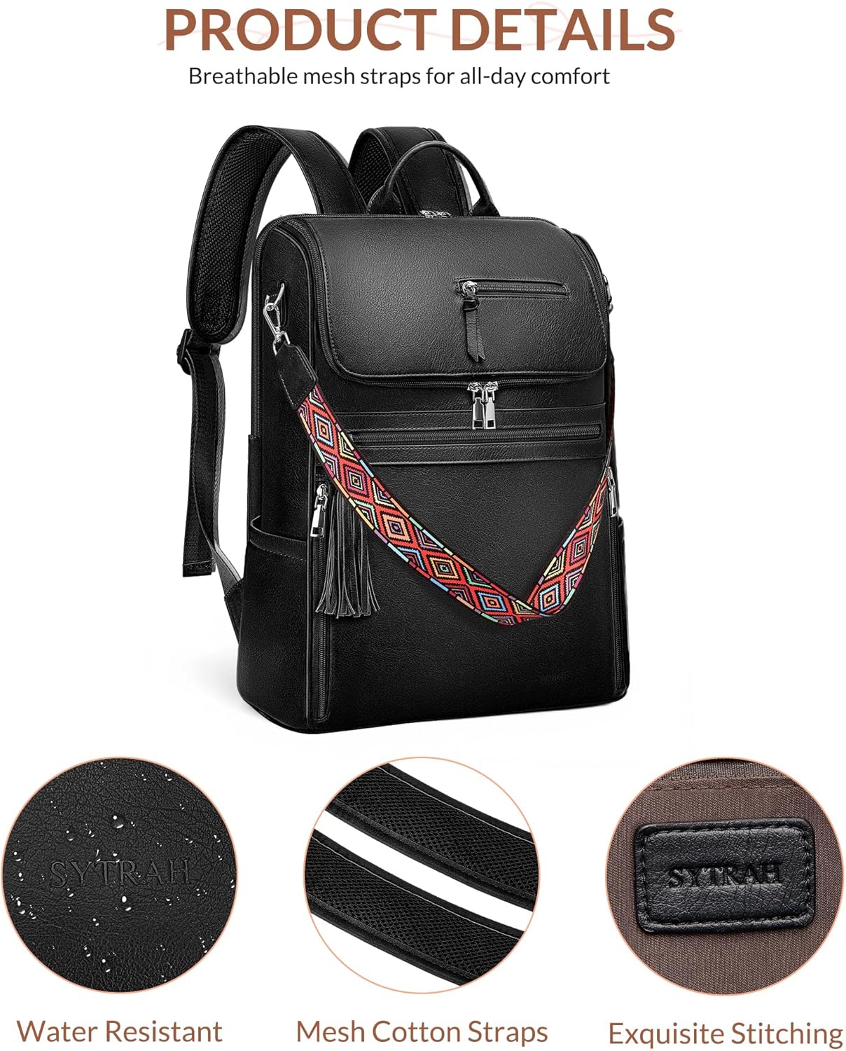 Leather Laptop Backpack for Women Designer Laptop Bag, 16.5 inch Travel Computer Backpacks Purse with Tassel for Work Business with Satchel Purse Black - Image 7