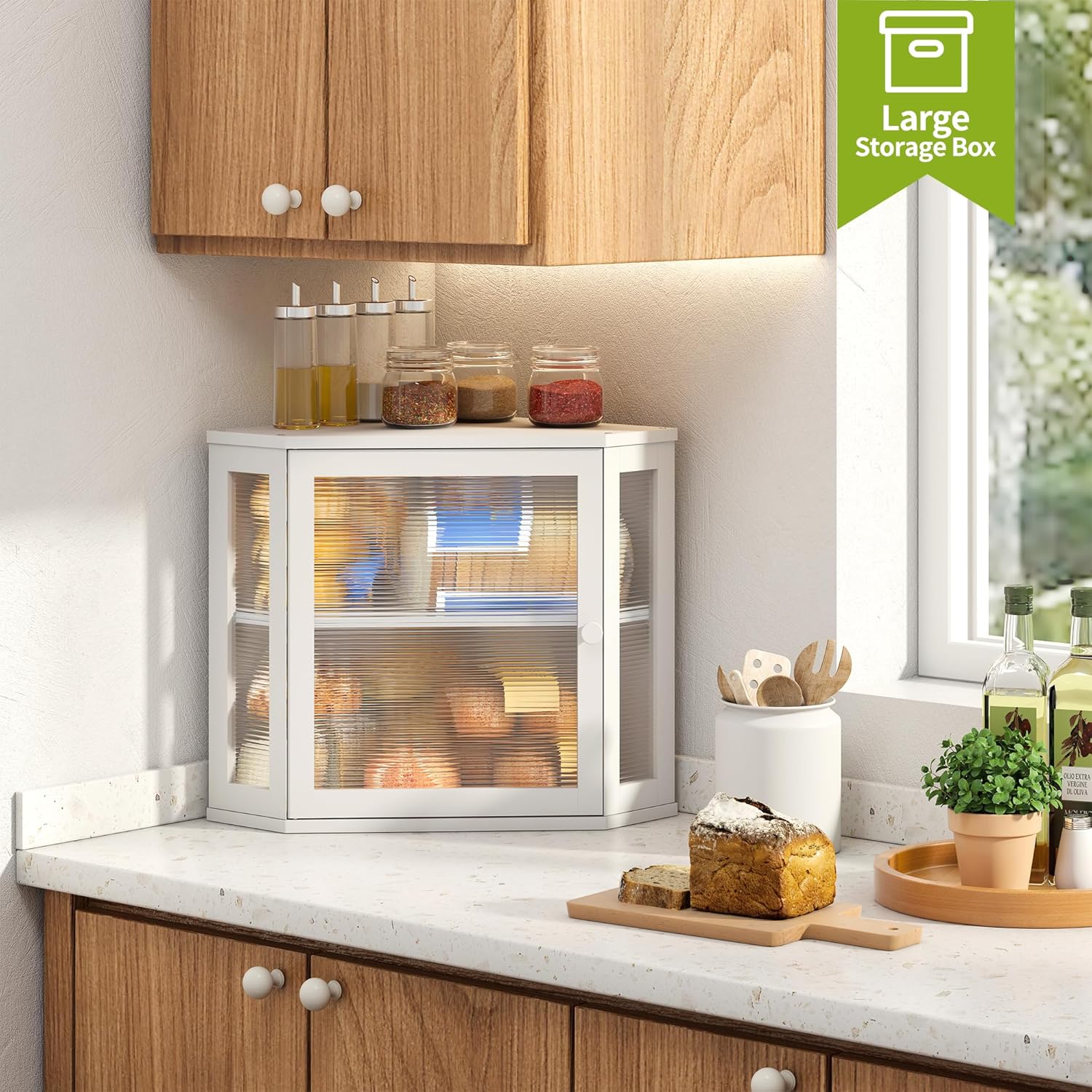 BMOSU Corner Bread Box for Kitchen Countertop Double Layer Bamboo Wooden Bread box Large Capacity Bread Storage Bin(White, Medium)