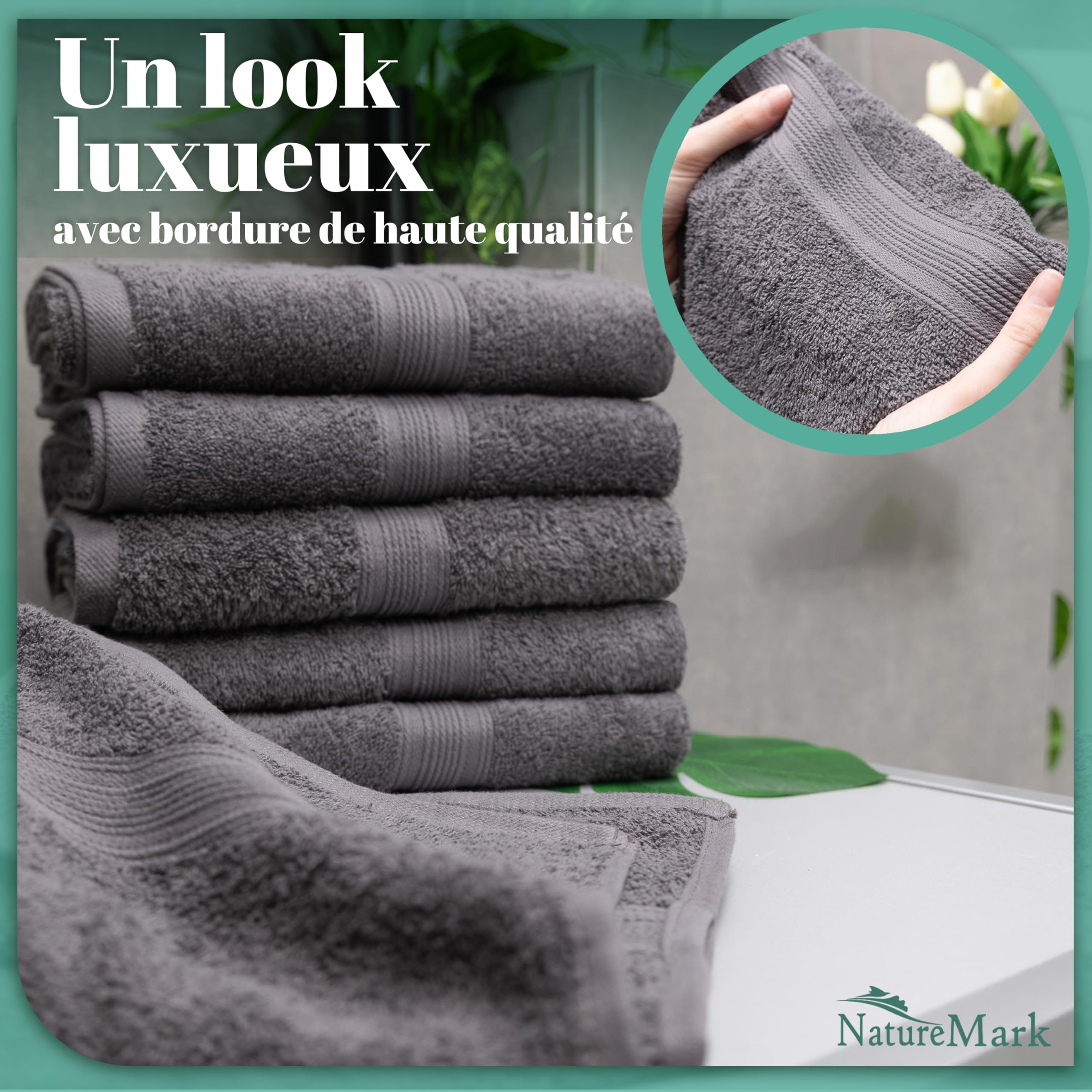 NatureMark Lot de 8 Serviettes à Main - 100% Coton - Serviettes Absorbantes et Durables, Taille 50×100 cm, Gris Antracita