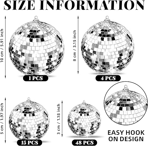 Miniatura 2 de 68 bolas de discoteca de espejo, plata reflectante brillante de los años 70, adornos colgantes para árbol de Navidad, boda, fiesta, baile y