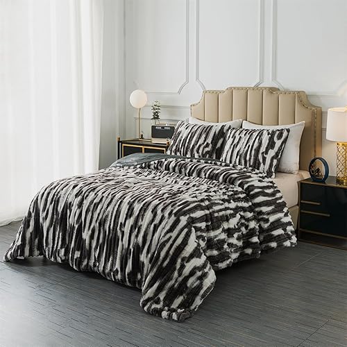 Miniatura 2 de Jameswish Juego de edredón suave y esponjoso de piel de conejo, juego de ropa de cama de pelo sintético a rayas con funda de almohada, juego de cama