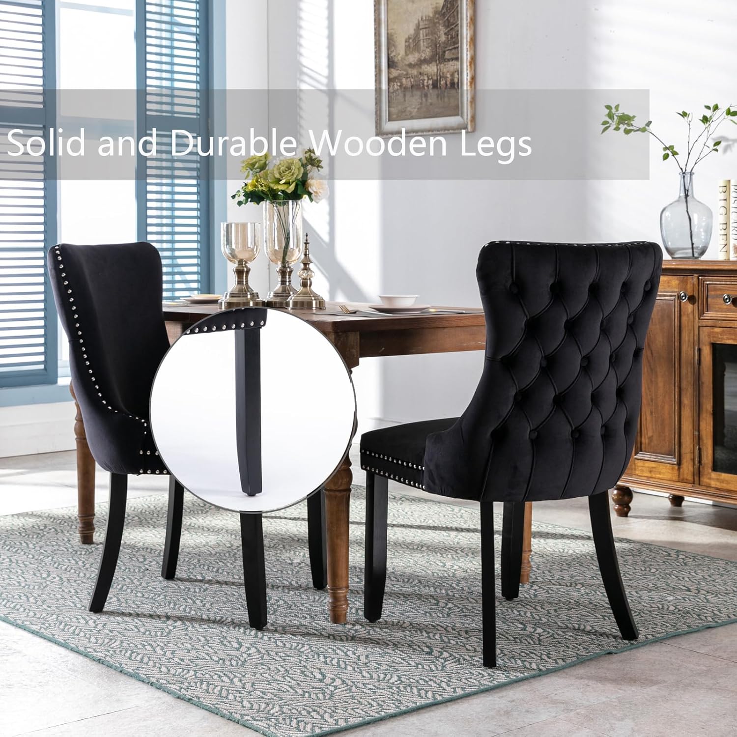 Black Velvet Wingback Dining Chairs with Solid Wood Legs, Set of 2
